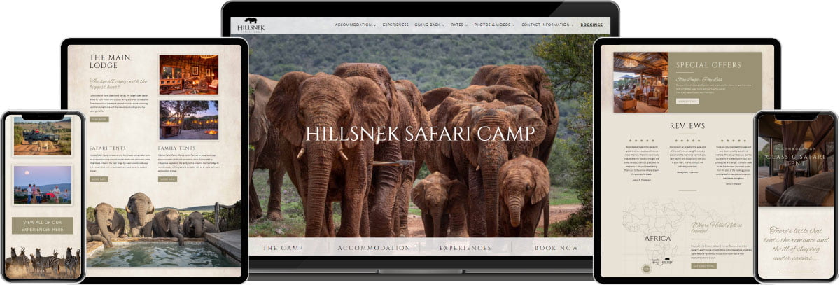 Collage of screenshots showing the Hillsnek website on a laptop, tablet and mobile devices